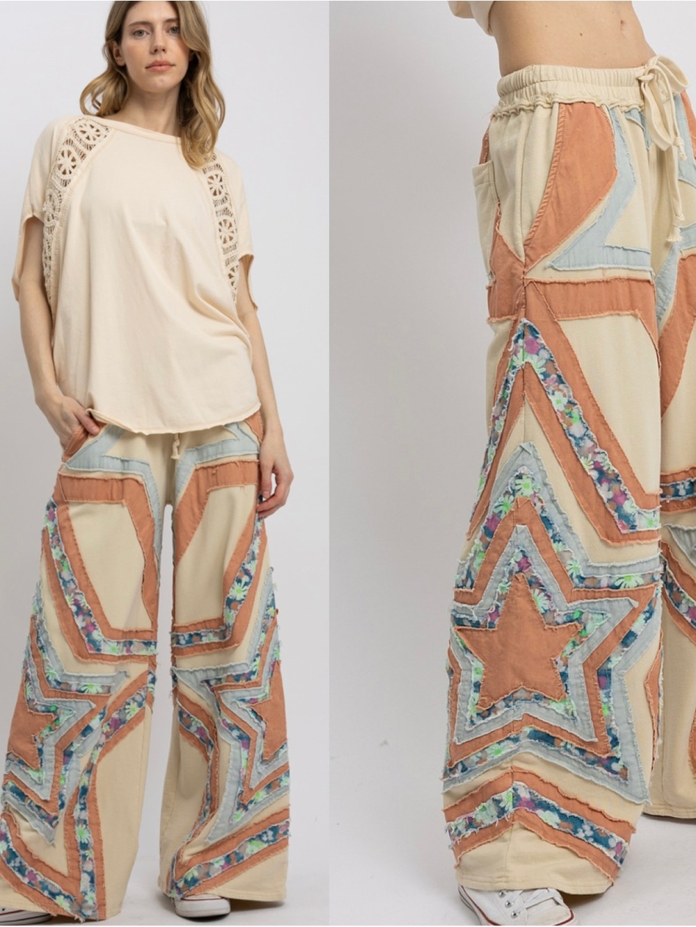Patchwork Star Wide-Leg Pants - Cream, Rust & Blue